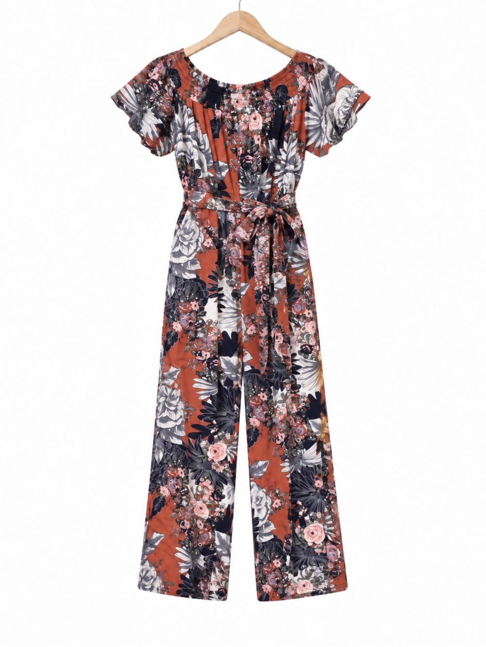 Eyeshadow XL Floral Wide Leg Jumpsuit Rust Multicolor Belted